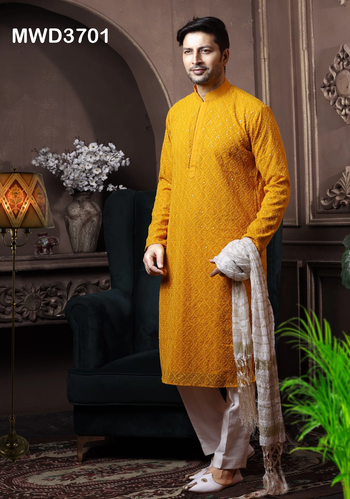 Yellow Readymade Chikankari Kurta Pajama In Georgette, 36-1.webp